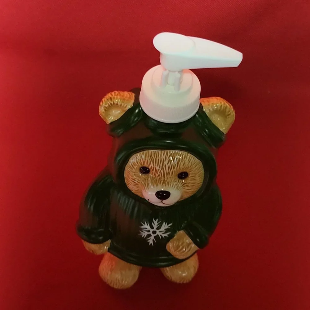 Ceramic Soap Dispenser Bear Wearing Snowflake Green Hoodie 9